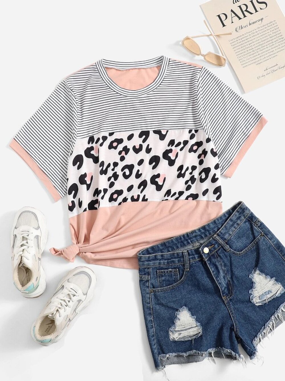 SHEIN Stripe, Leopard & Peach Colorblock Short Sleeve Tee